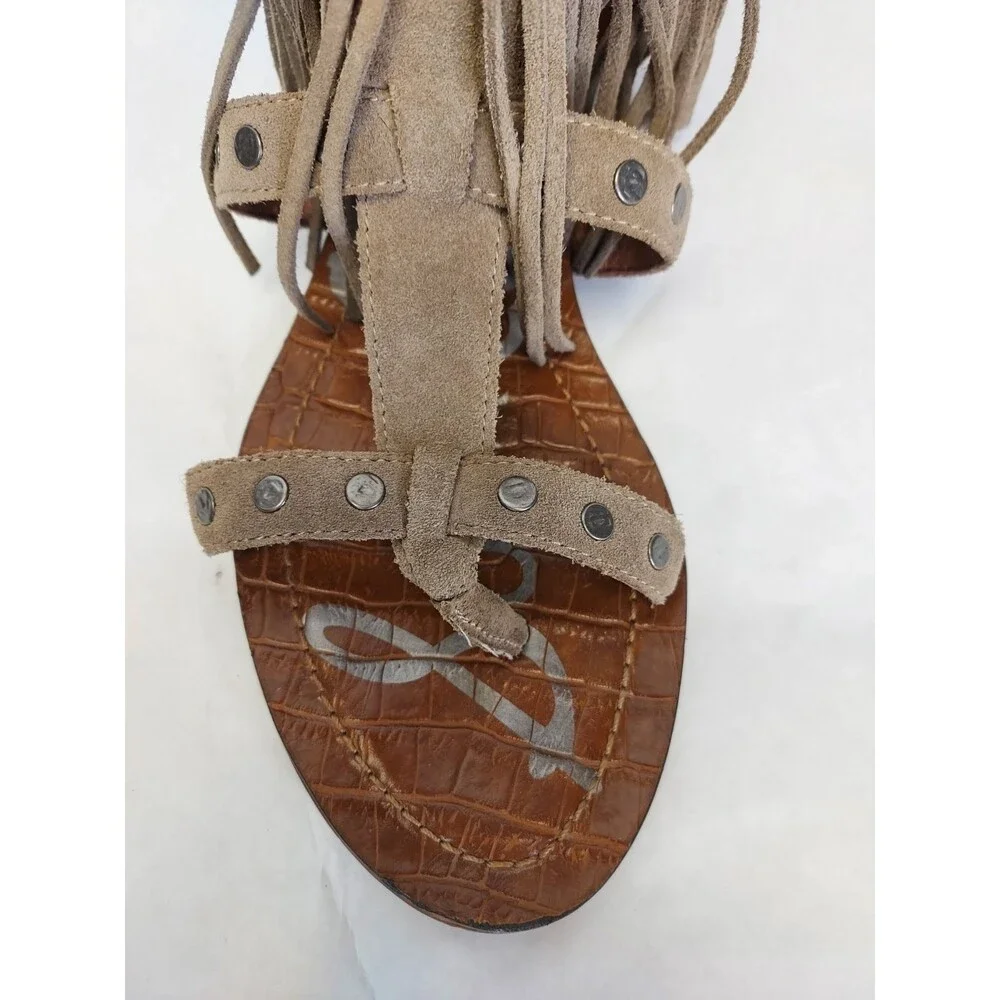 Sam Edelman Dazey Suede Sandals Womens 8 Gladiator Flat Boho Fringe Smokey Taupe - Picture 8 of 11
